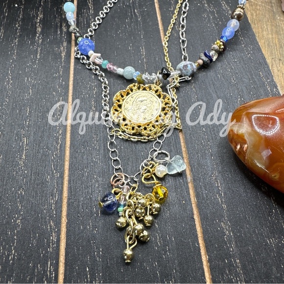 Gold and Silver Multi-Strand Necklace with Charms aquamarine